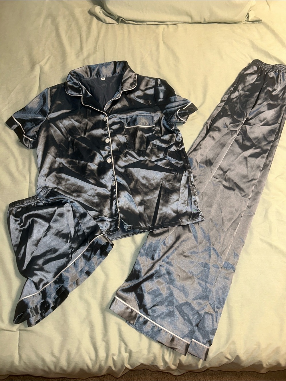 Satin Pajama Set with Contrast Piping - Navy